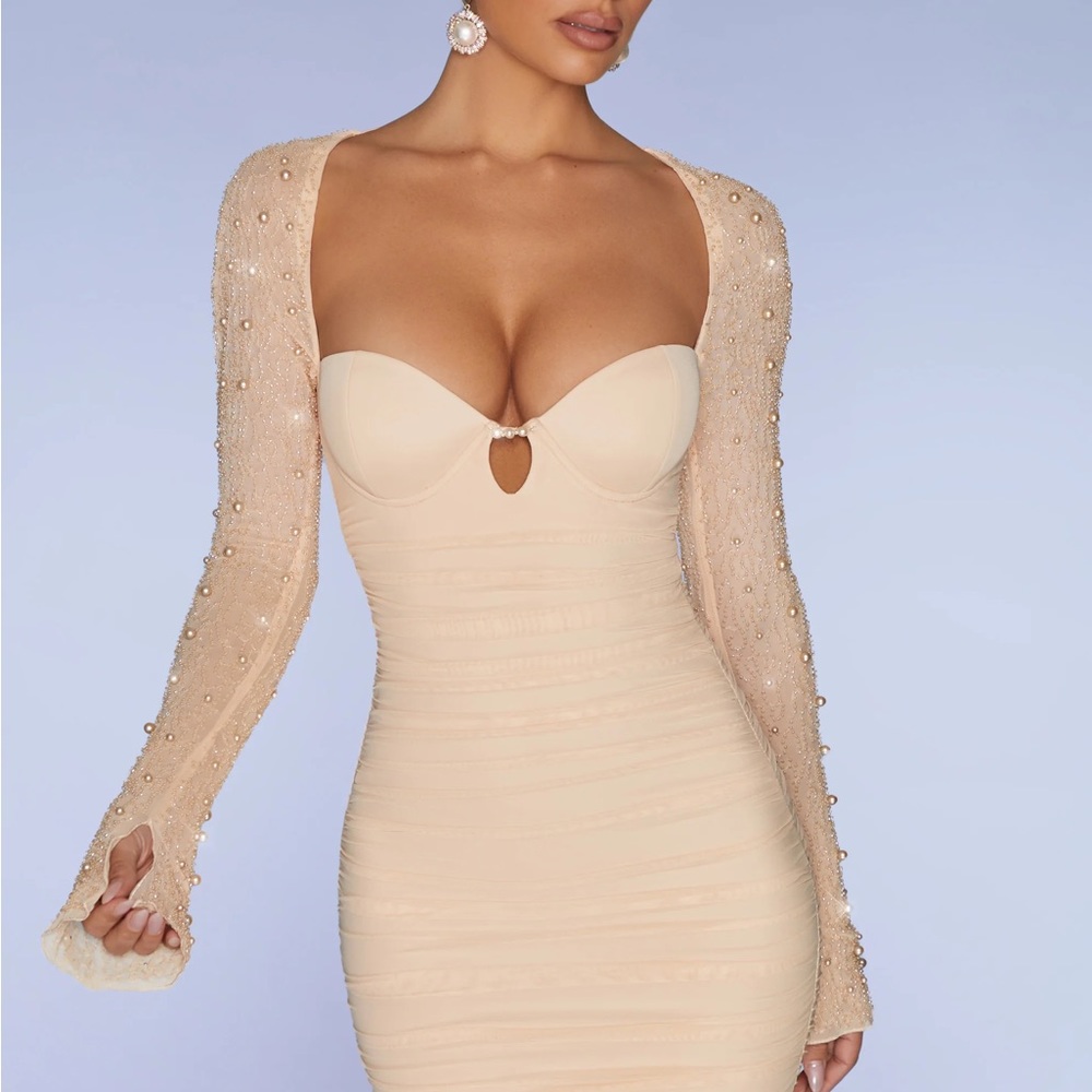 Oh Polly | Embellished Long Sleeve Mini Dress in Sand